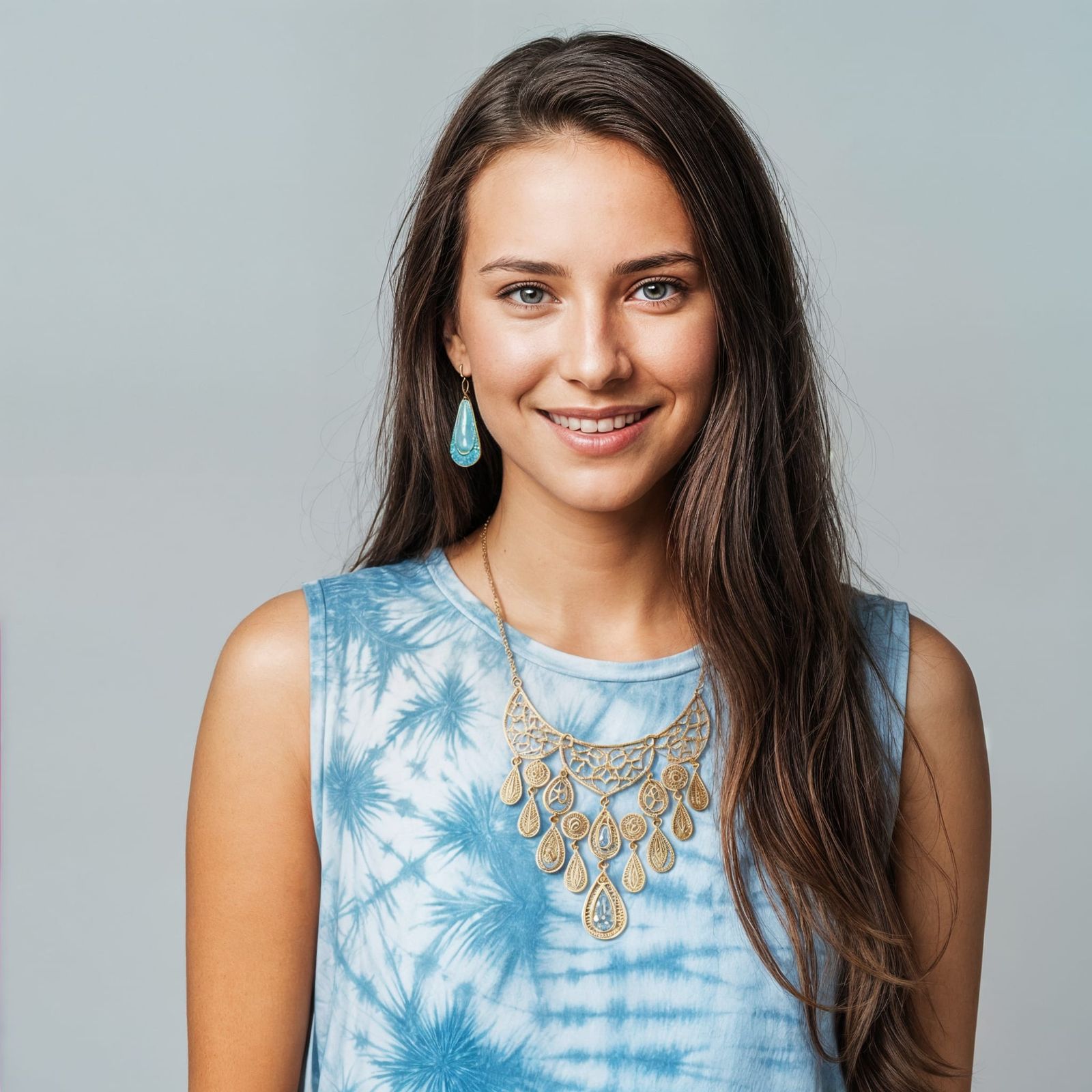 Elegant Young Woman in Light Blue Tie-Dye Top