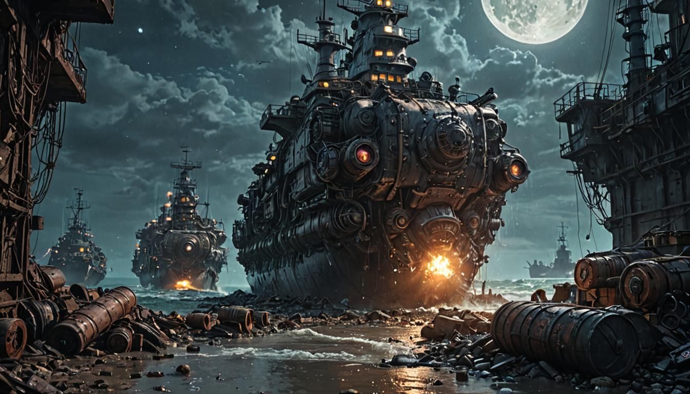 Dieselpunk Battleship in Ruined Industrial Wasteland