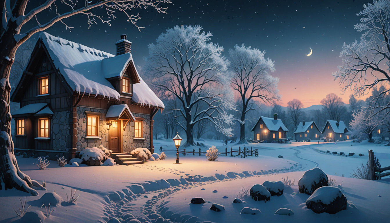 Gothic Cottage Amidst Snowy Buffalo Herd at Sunset