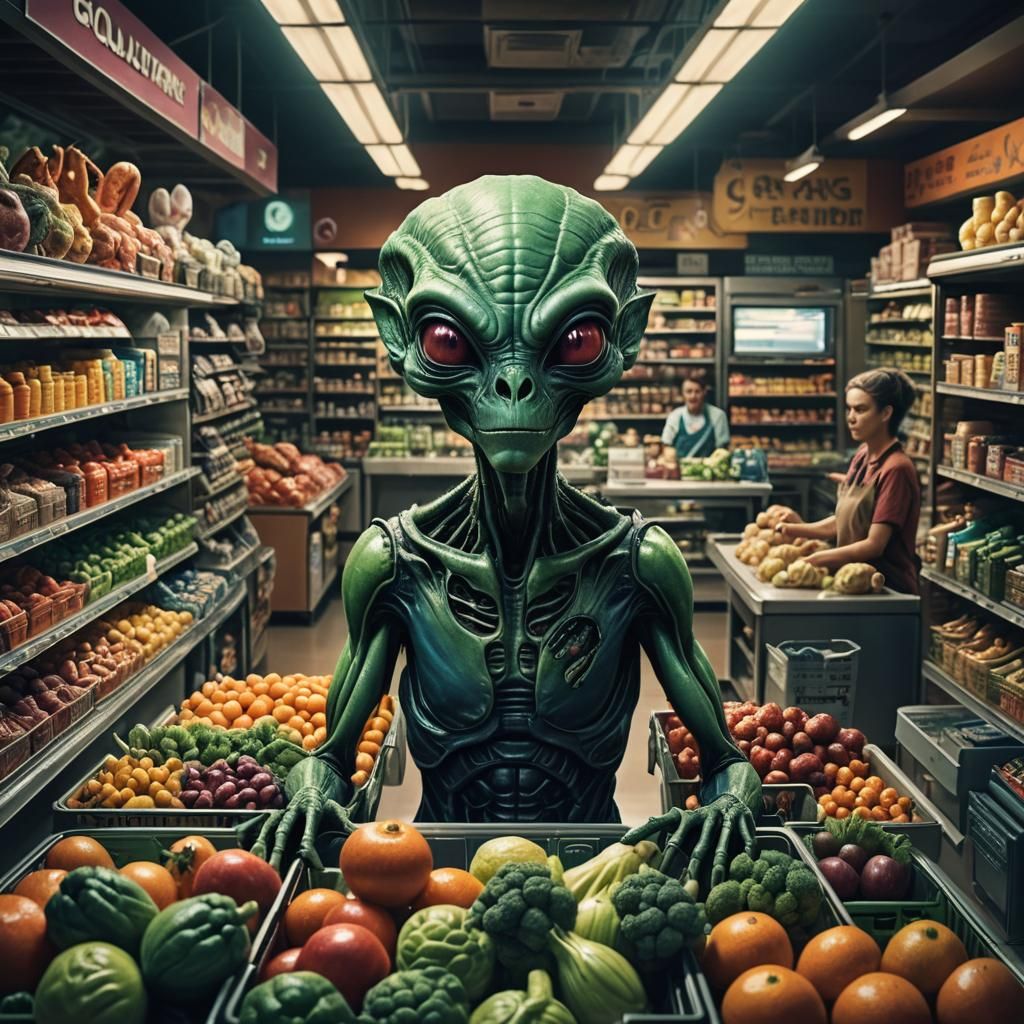 Alien Cashier in Supermarket with Cinematic Lighting