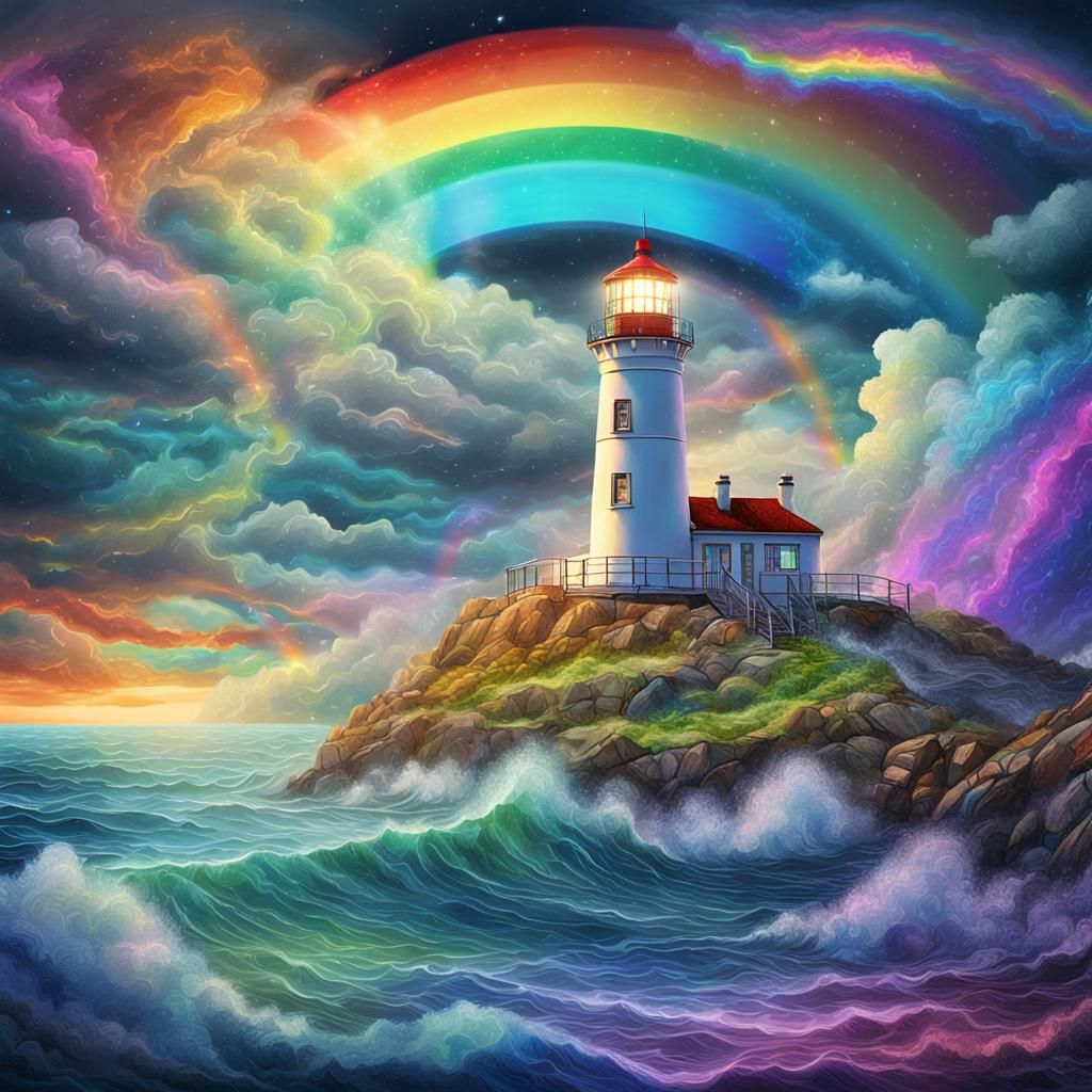 Rainbow Over Lighthouse in Astral Illustration Style