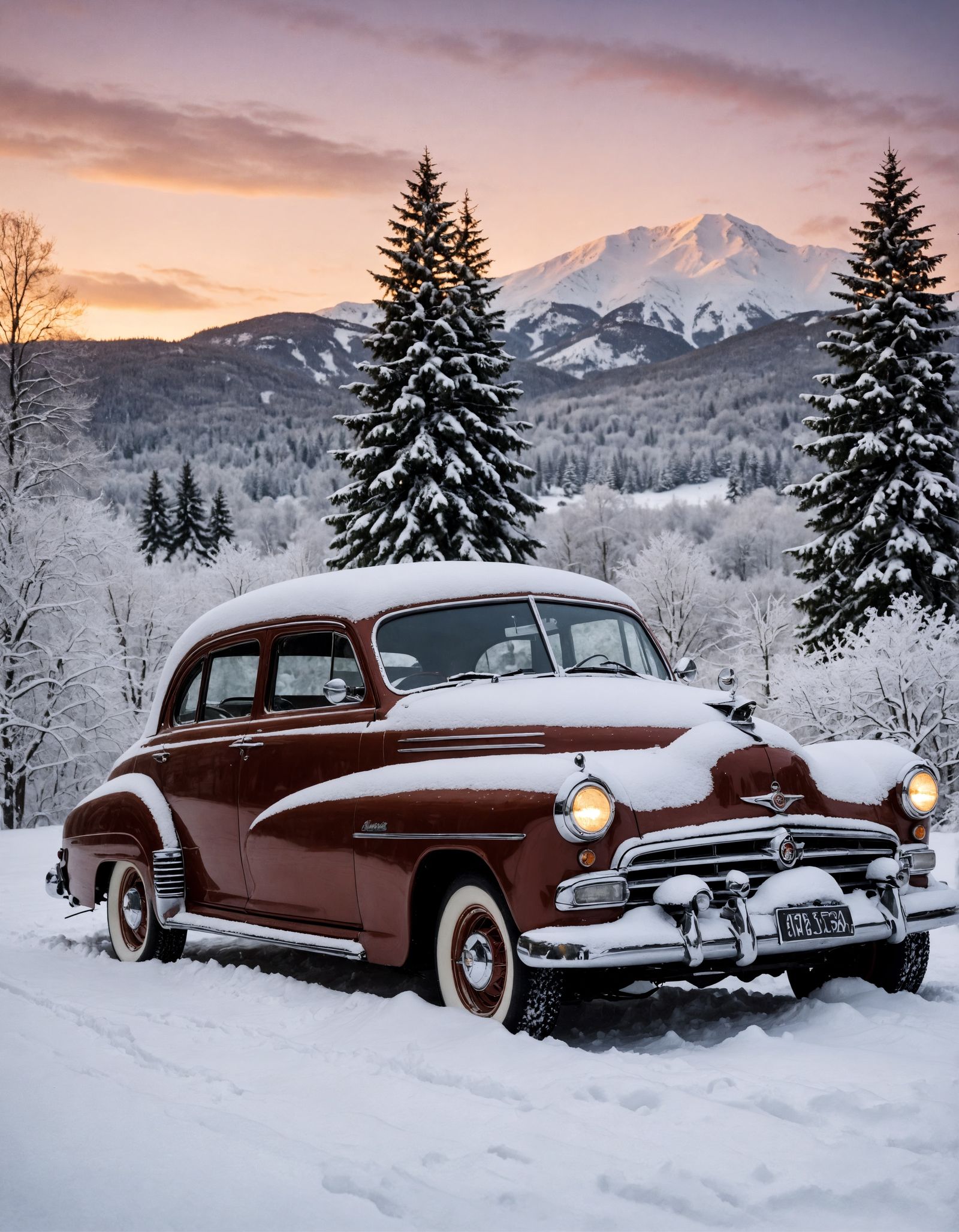 Vintage Car in Winter Snowscape with Golden Lighting