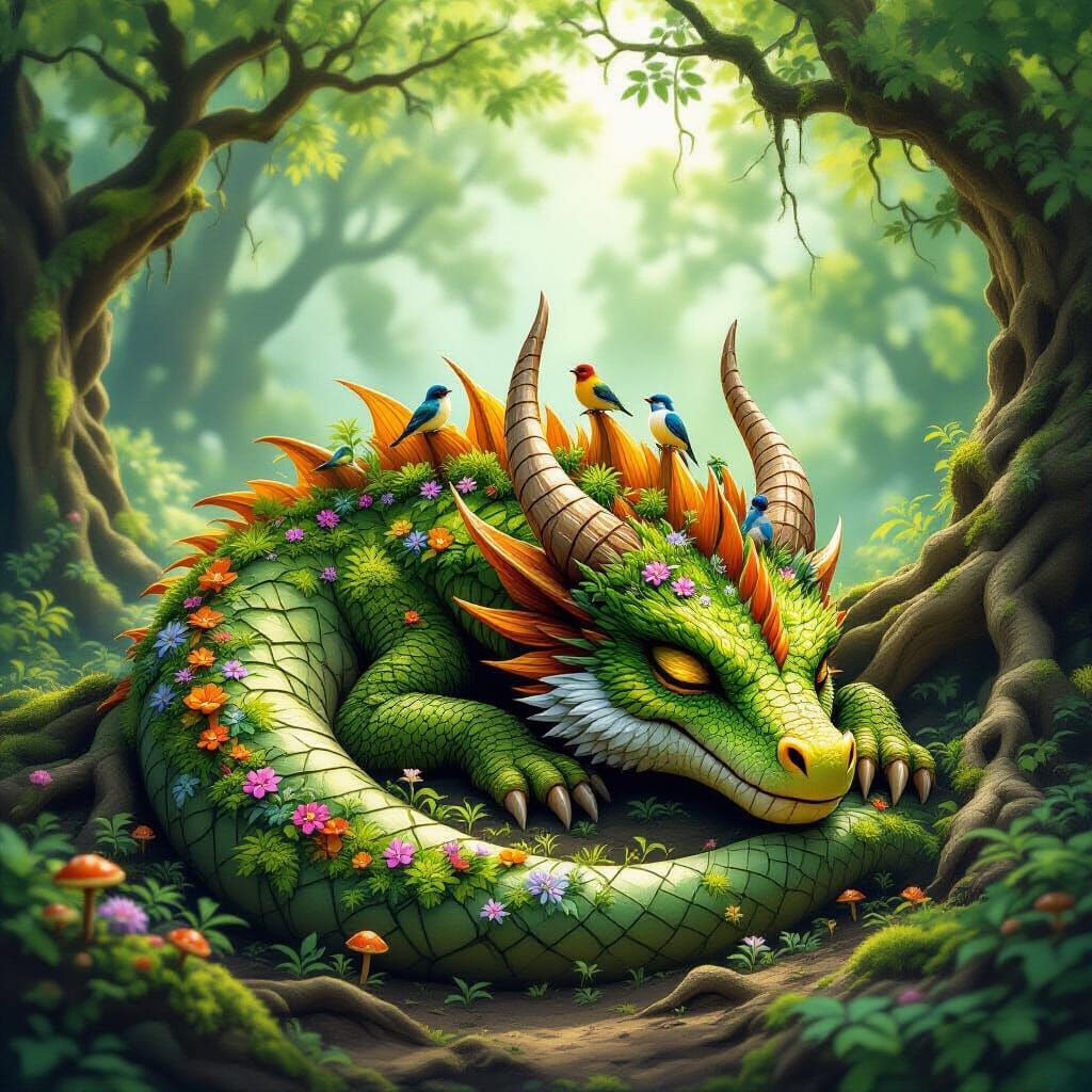 Gentle Earth Dragon Slumbers Amidst Forest Growth