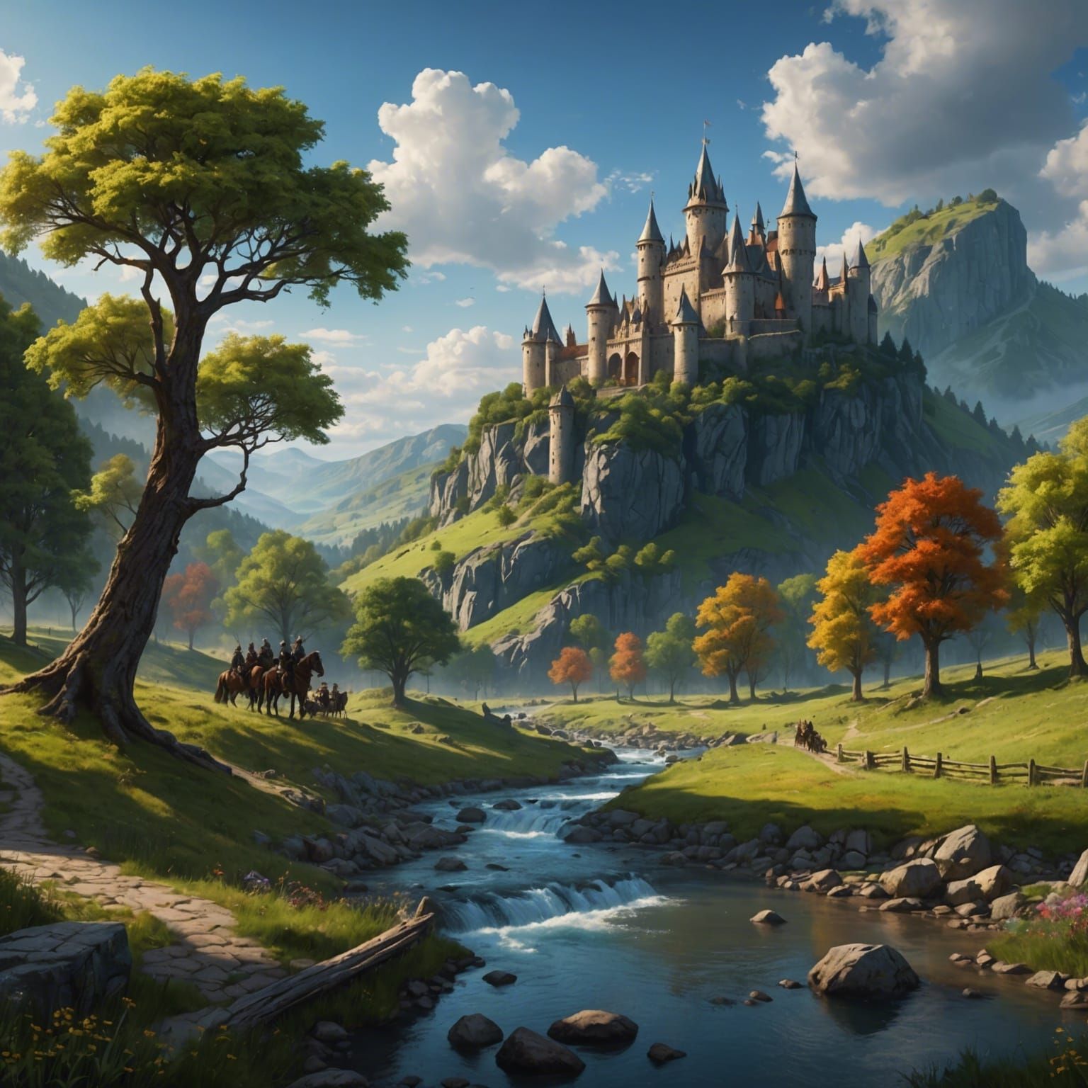 Fantastical Knights and Horses in Hilly Landscape