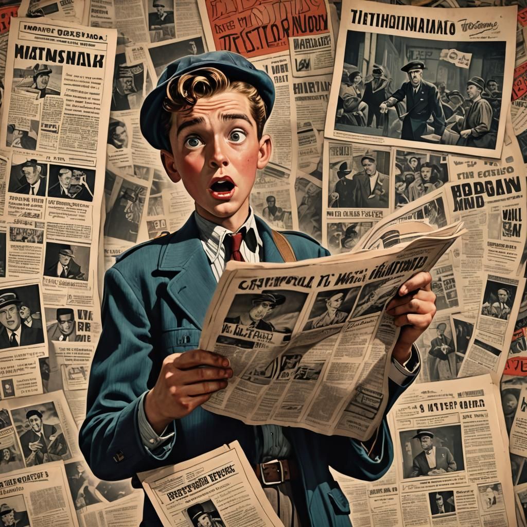 1940s Paperboy Shocked by Headline, Comic Book Style