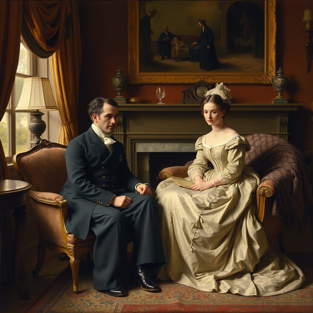 Victorian Couple in Sitting Room, Pre-Raphaelite Style