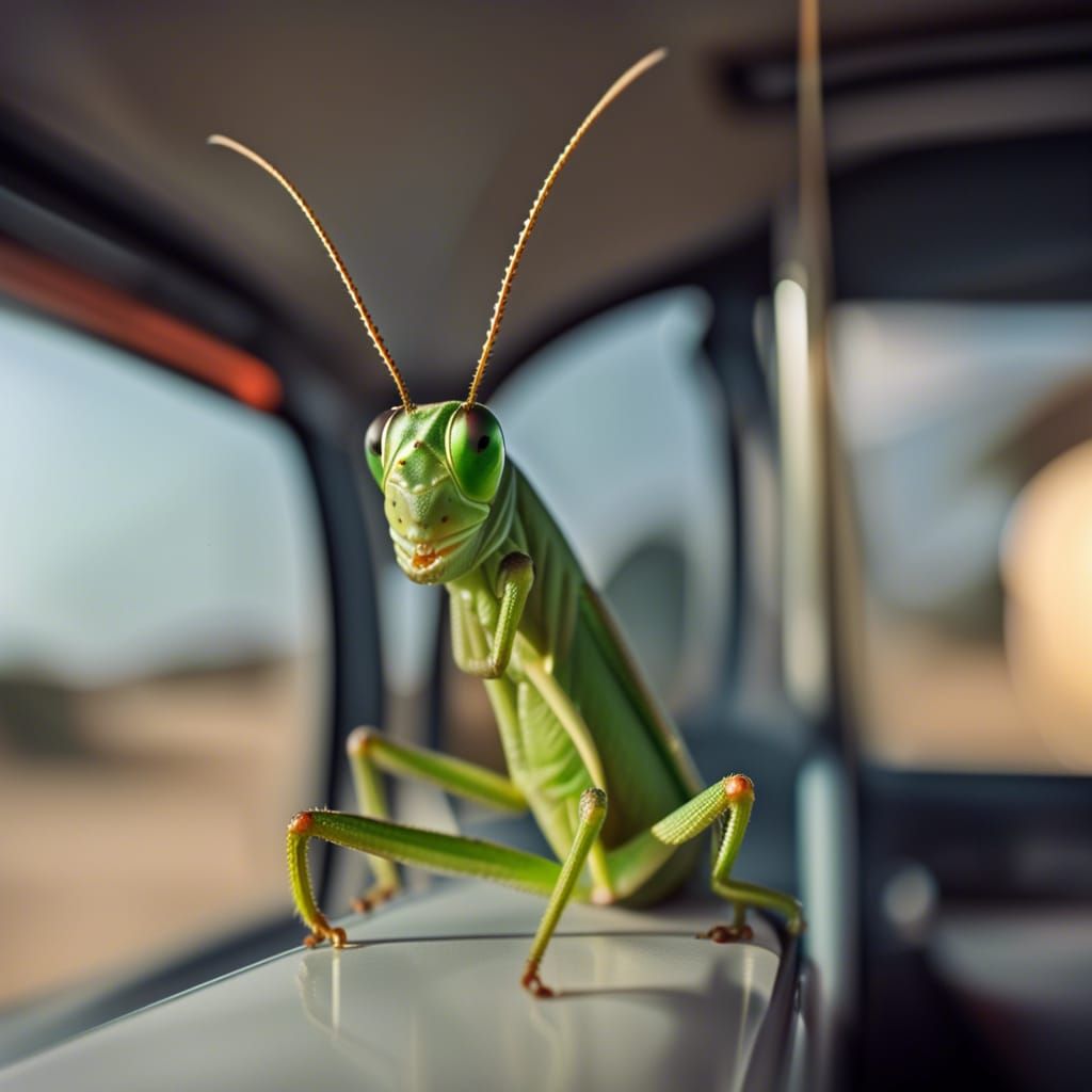 Grasshopper Rides Bus in Professional Photo