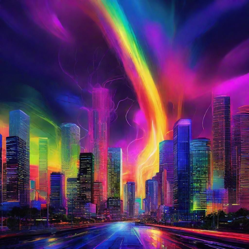 Rainbow Tornado Over Neon Cityscape in Sci-Fi Art