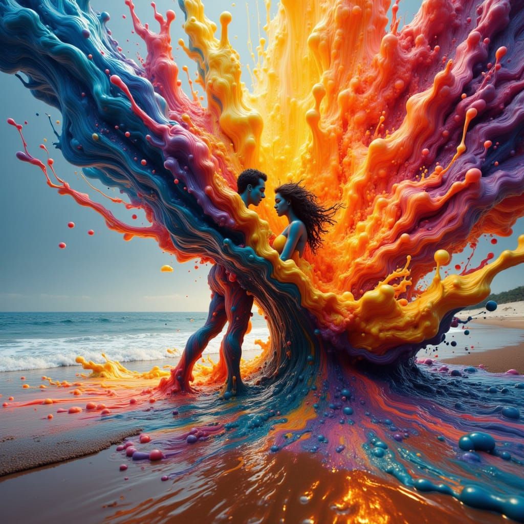 Dancers Embraced by Explosive Liquid Art on Beach
