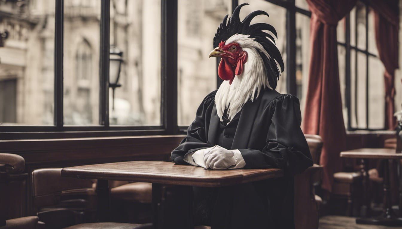 Gothic Rooster-Headed Judge in Restaurant