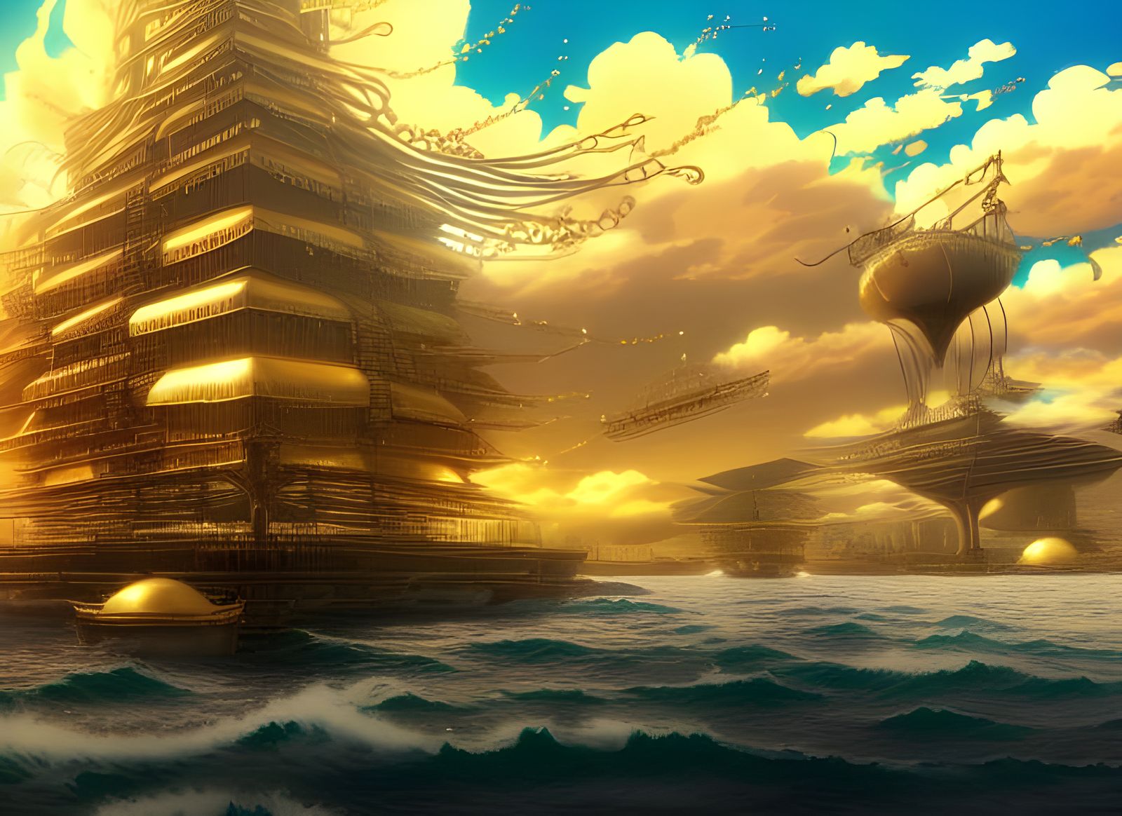 Golden Anime Cornpunk Seaport with Airships