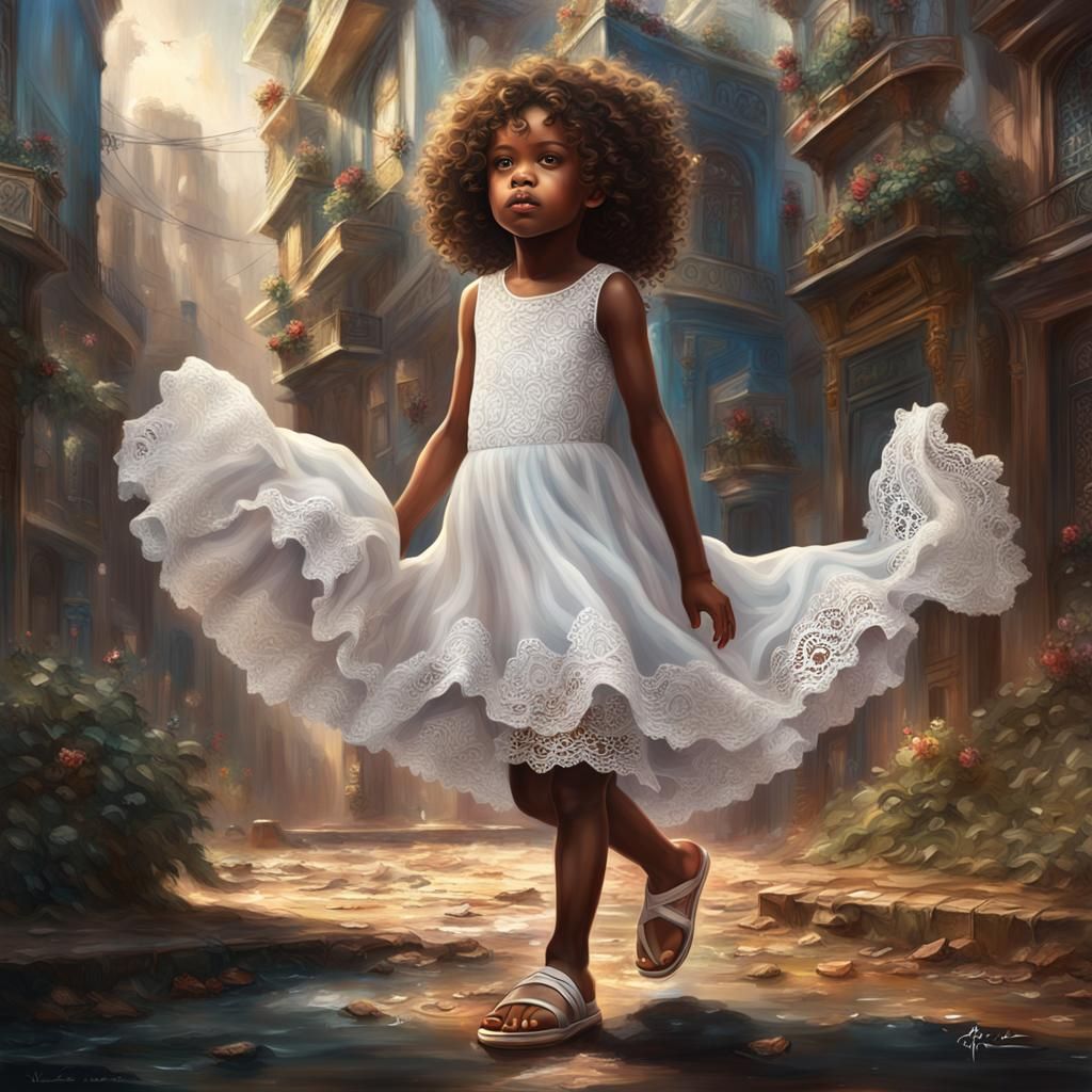 African Girl in White Dress: Surreal Oil Painting