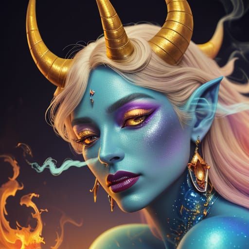 Surreal Demon Woman Smoking: Oil Painting Style
