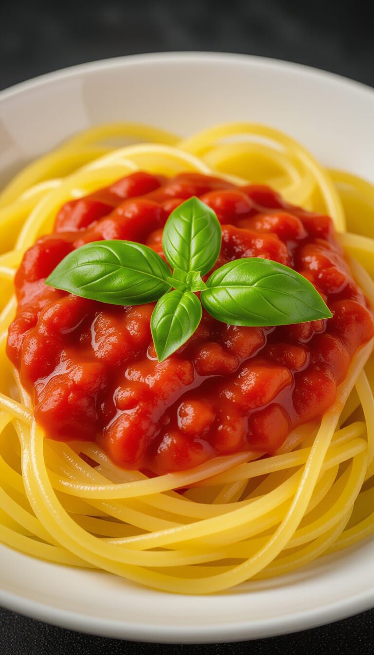 Hyper-Realistic Pasta Dish with Tomato Sauce and Basil