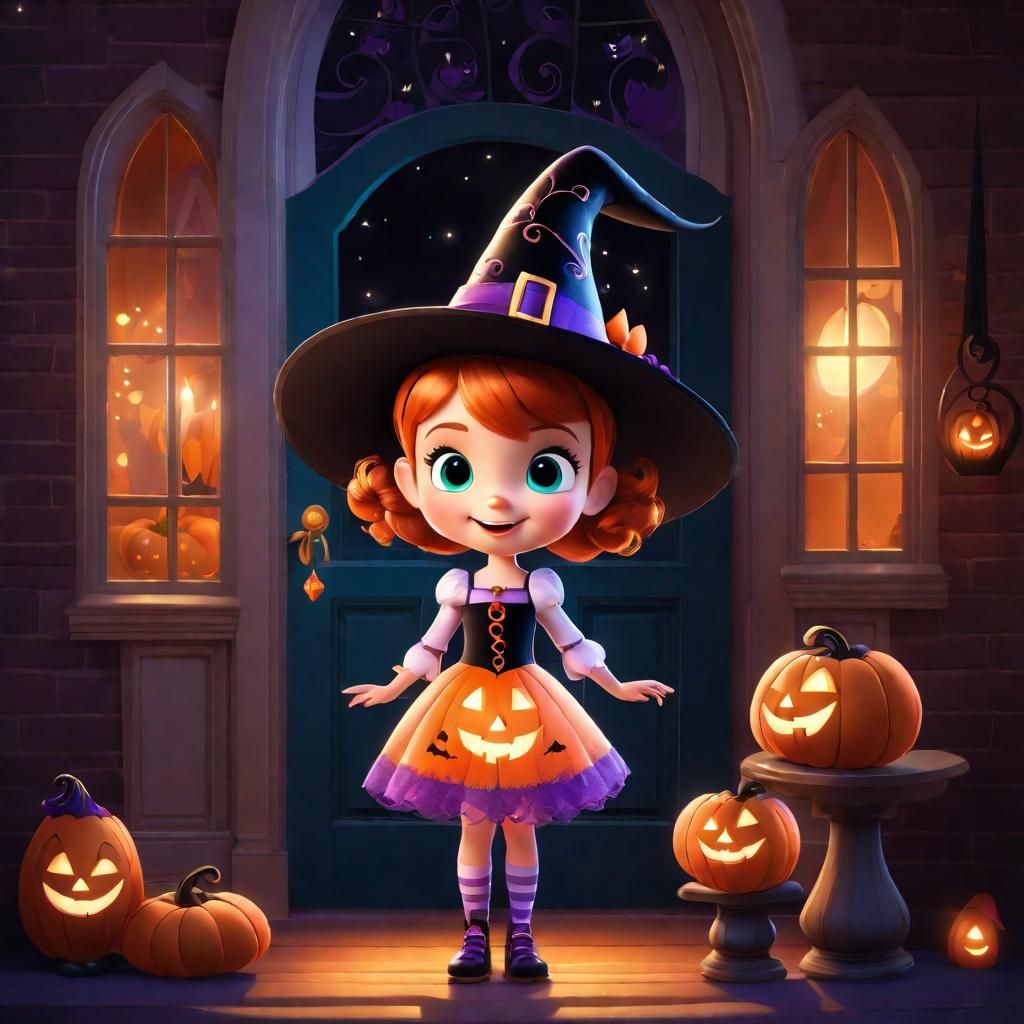 Adorable Girl in Witch Costume at Haunted House