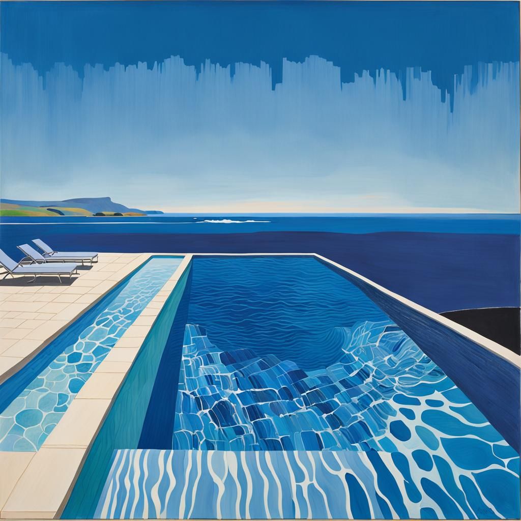 David Hockney “Pools” Mid shot of the edge of the Infinity pool with shades of dark blue, rippling with the wind and bey...