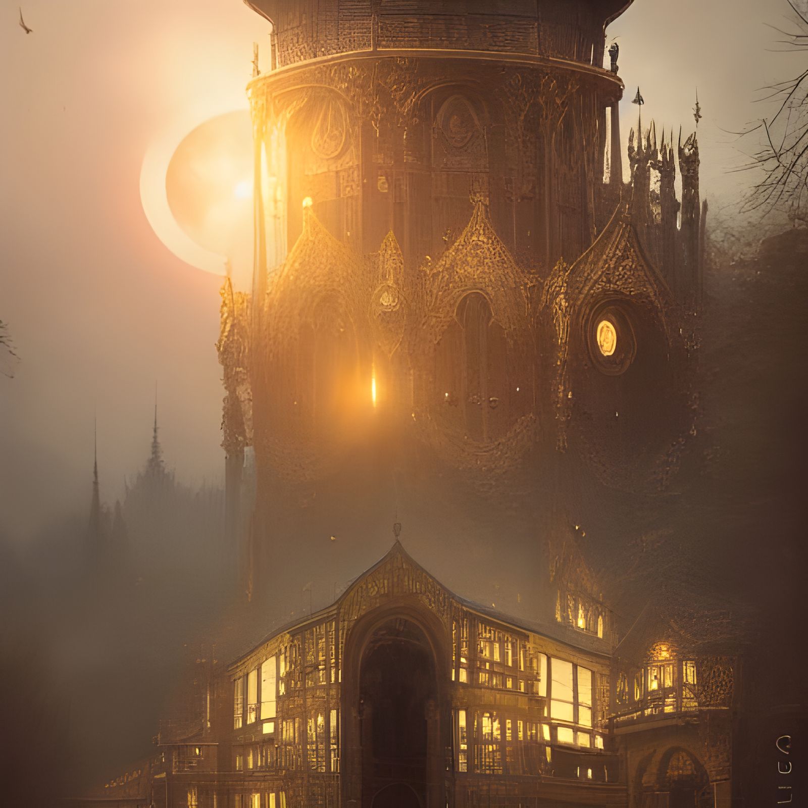 Eclipse in Stained Glass Style with Gold Filigree