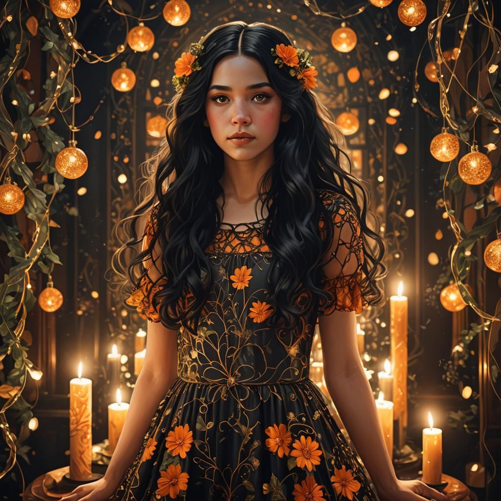 Art Nouveau Girl with Black Hair in Christmas Setting