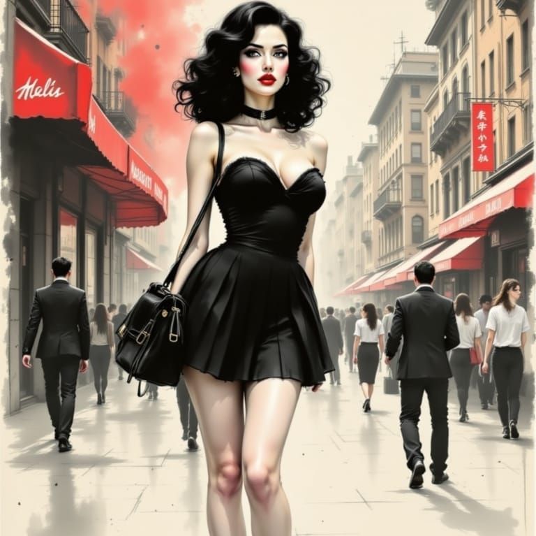 1950s Pin Up Woman on City Sidewalk in Japanese Ink Style