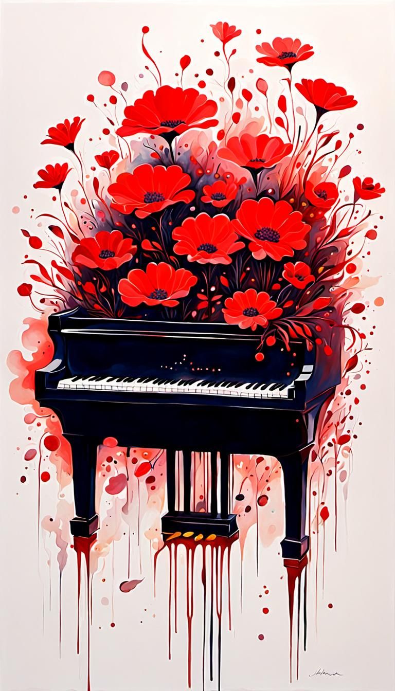Surreal Floral Piano in Ethereal Gouache Style