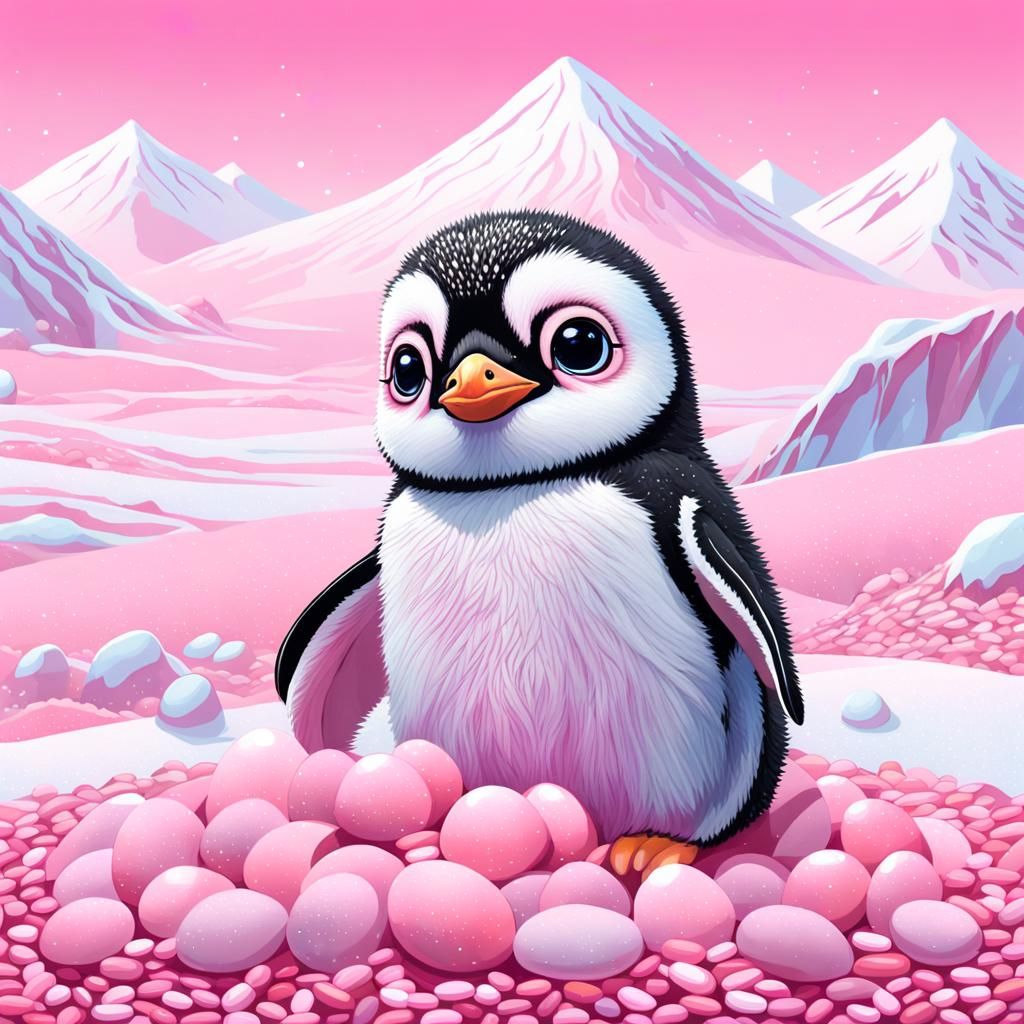 Pink Chibi Penguins Hatch in Snowy Landscape