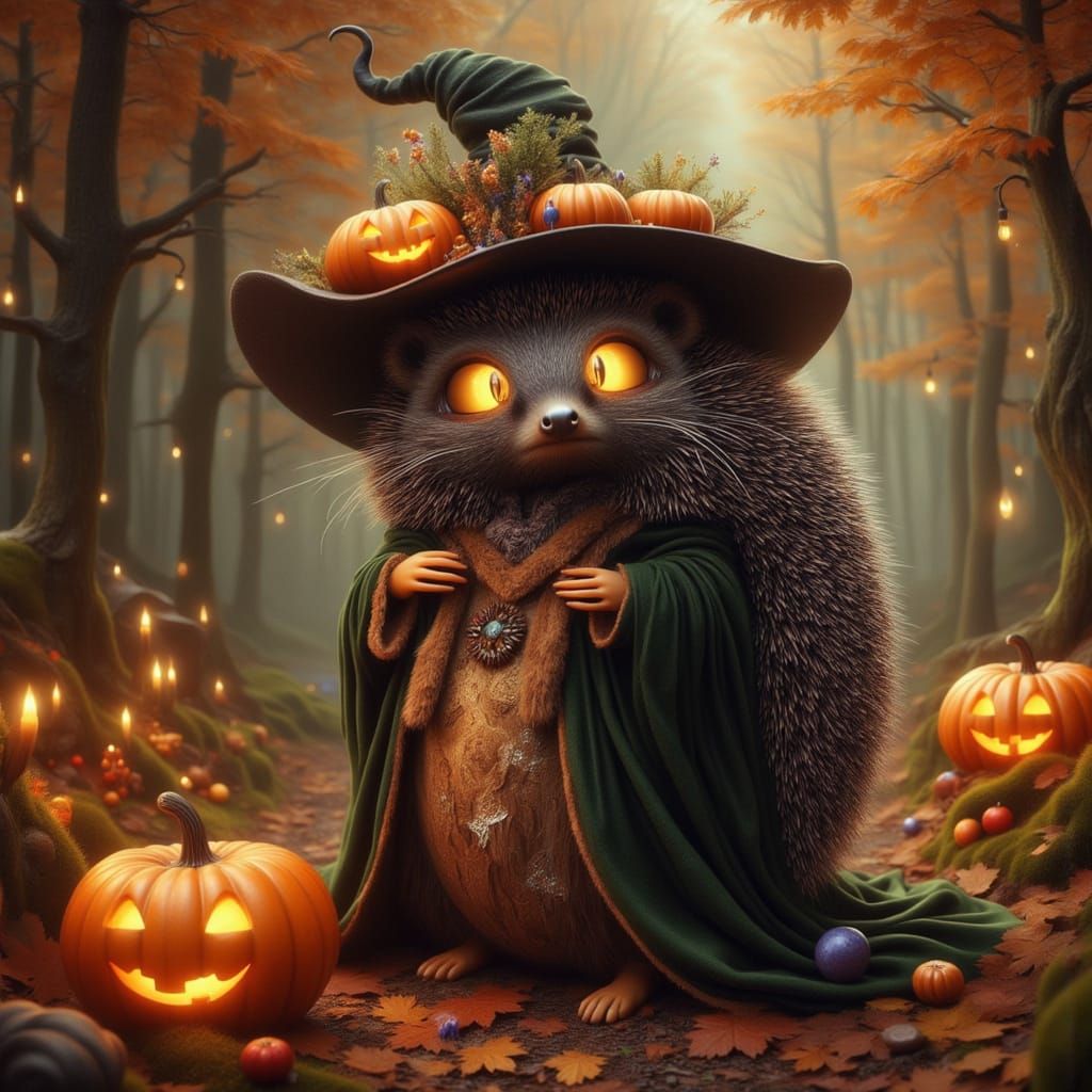 Hedgehog Witch in Autumn Forest