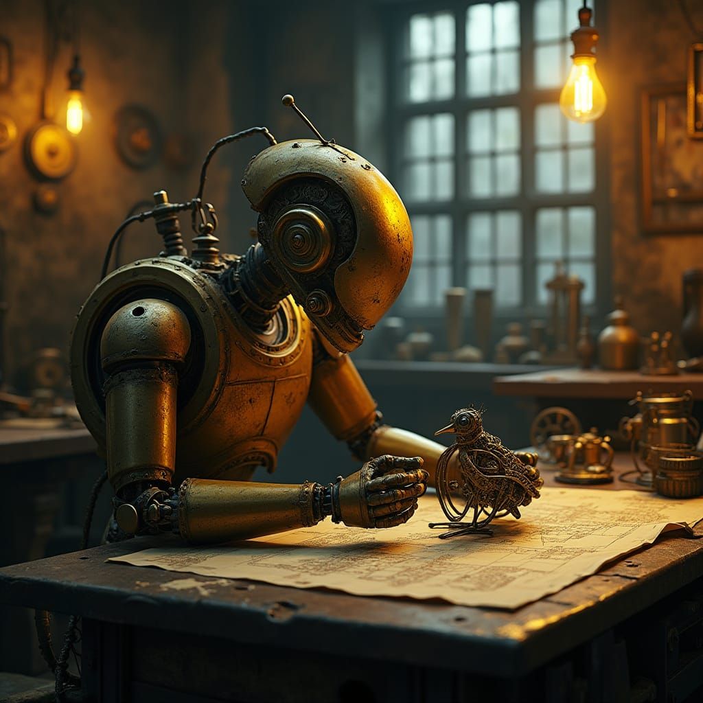 Steampunk Robot Assembling Clockwork Bird
