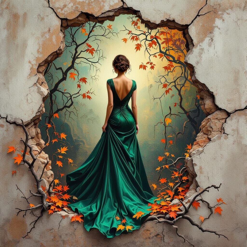 Woman in Emerald Gown Behind Rusted Wall
