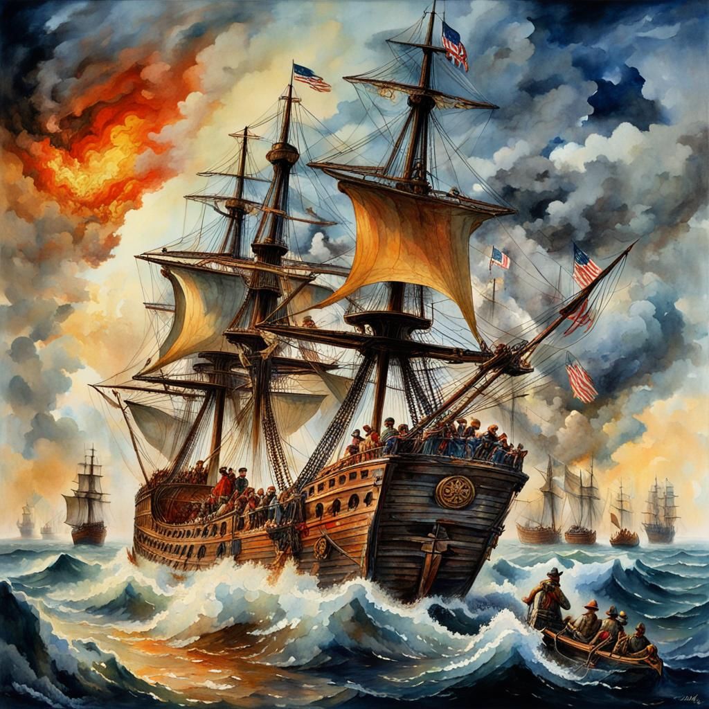 Pirate Ship Sails Against the Tide: Vintage Watercolor