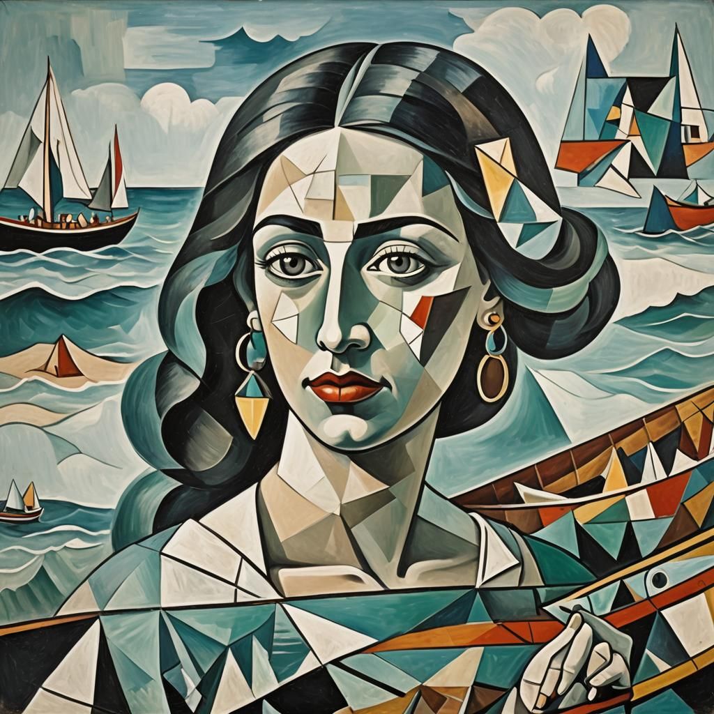 Cubist Woman in Canoe on Turquoise Ocean