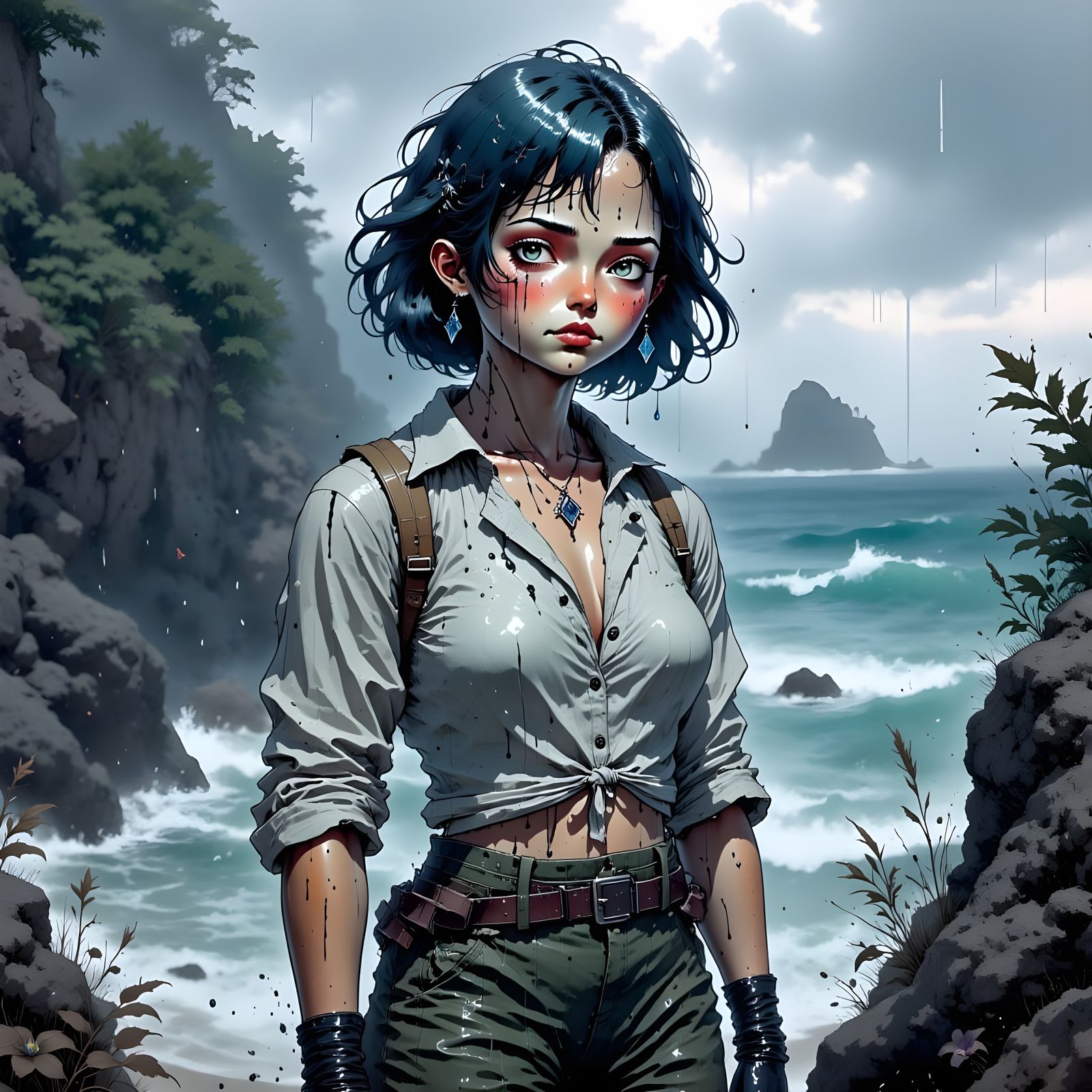 Woman in Stormy Cliffside with Dripping Ink Style