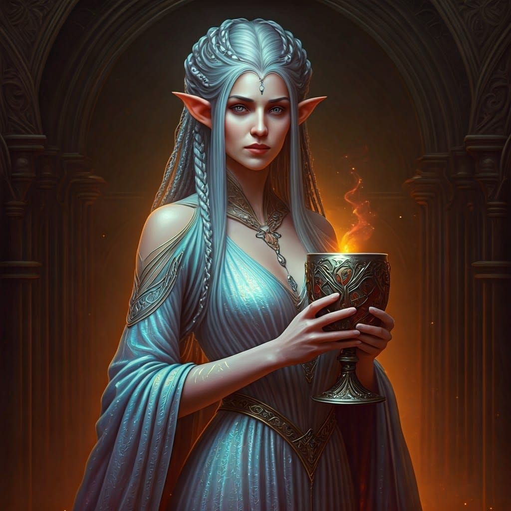 Mystical Elven Woman with Chalice, Fantasy Concept Art