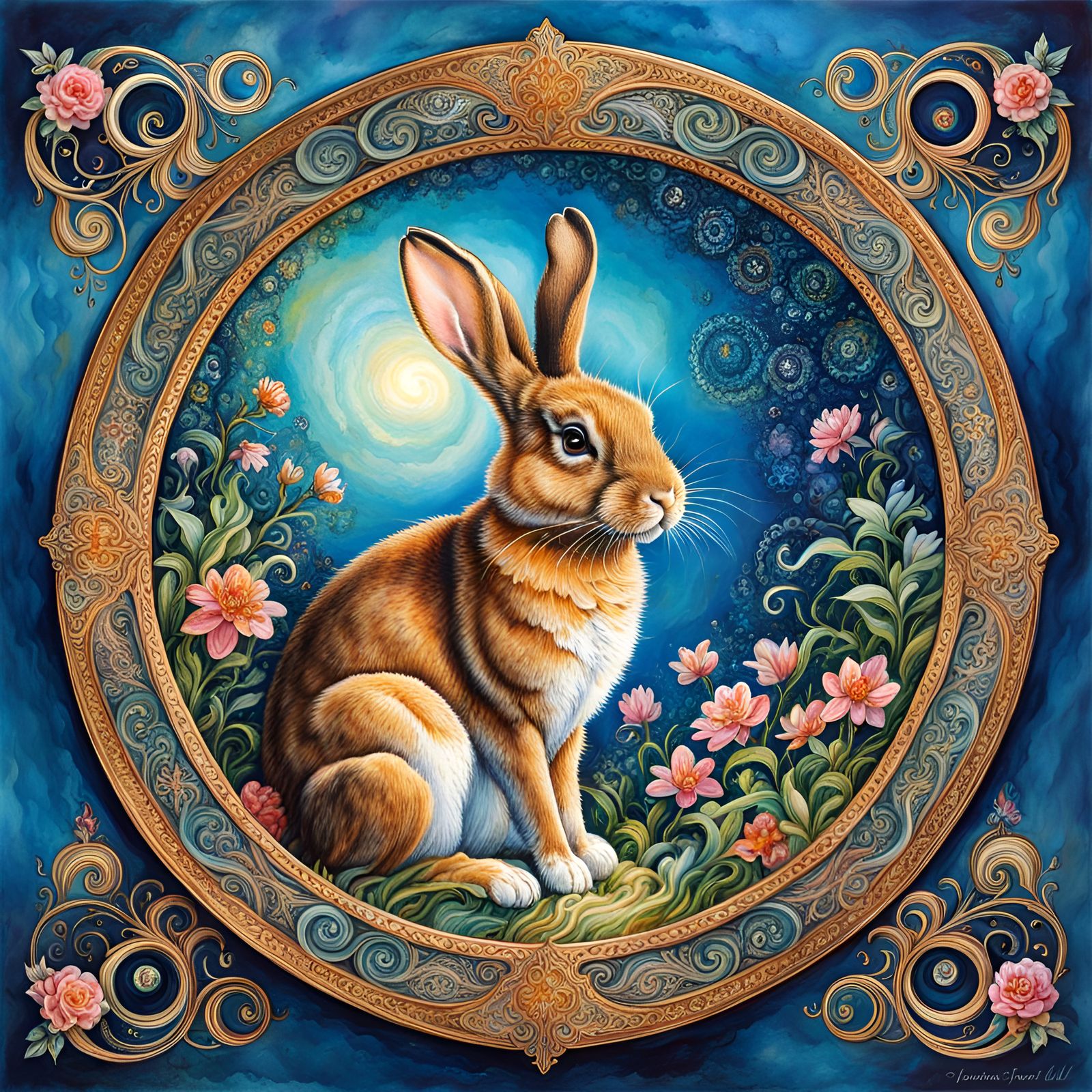 Fantasy Rabbit in Ornate Copper Frame
