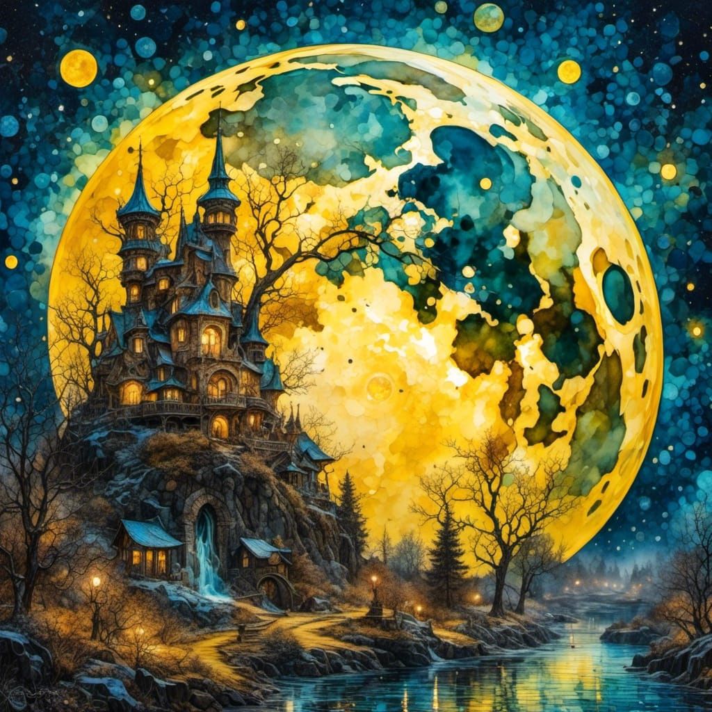 Ethereal Giant Yellow Super Moon in Watercolor Art