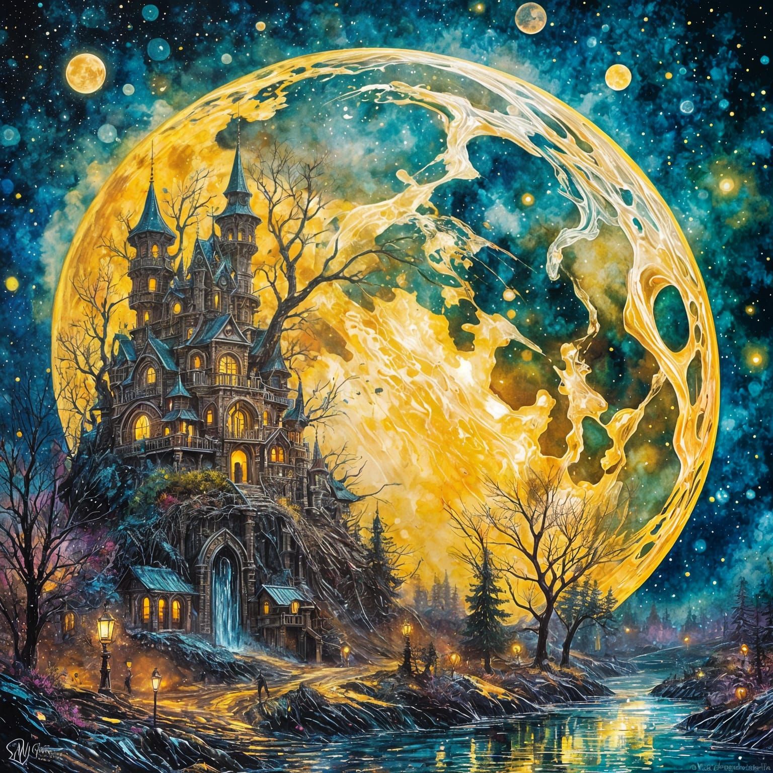 Ethereal Super Moon with Shimmering Halo in Watercolor Art