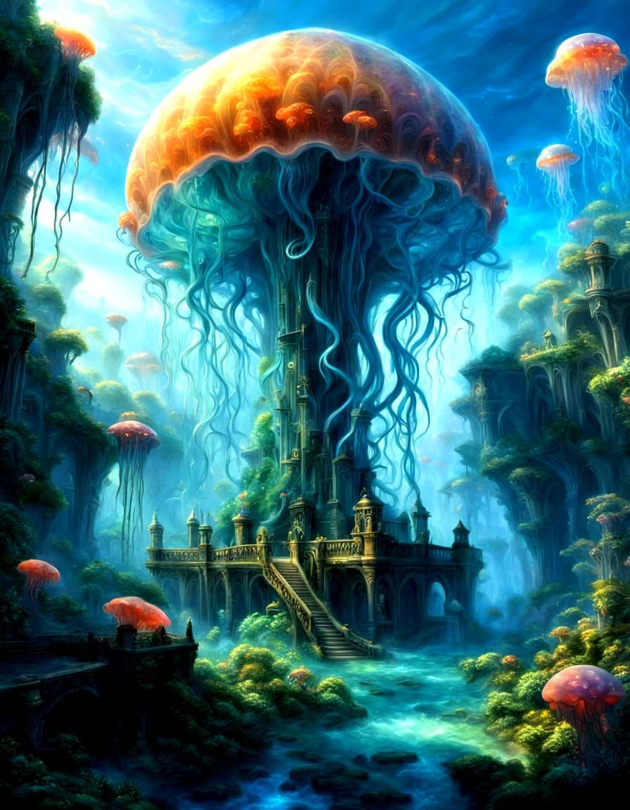 Ethereal Fantasy City Amidst Glowing Forest