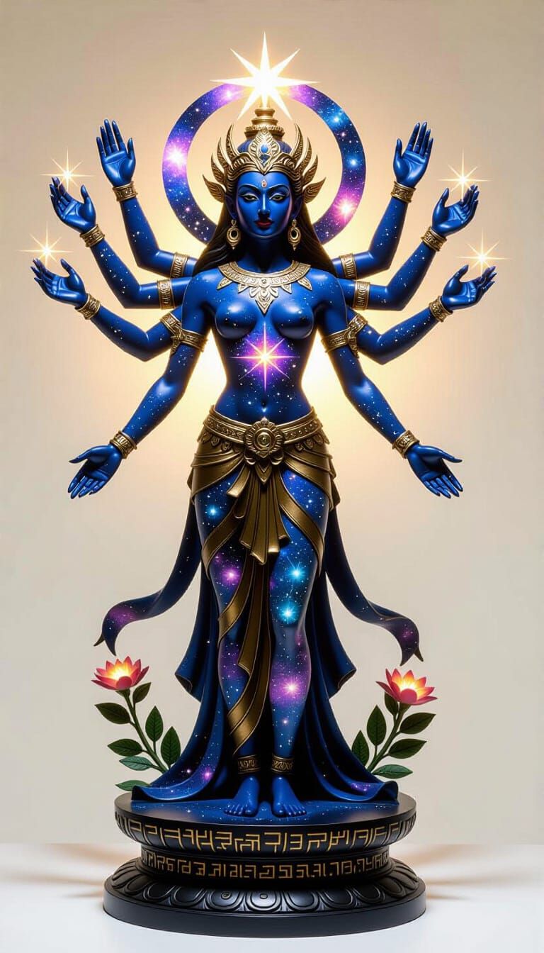 Cosmic Deity Figurine with Celestial Crown and Starfire Eyes
