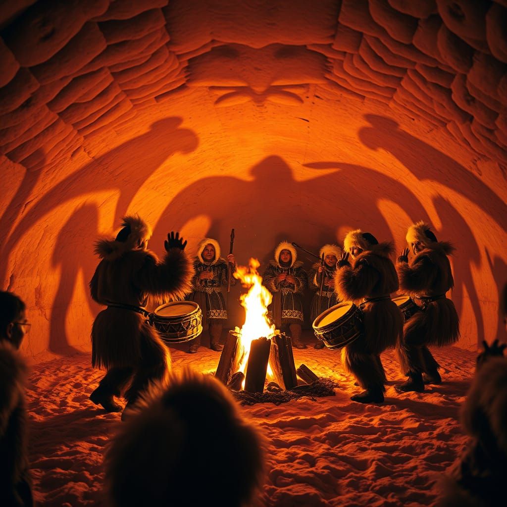 Inuit Drum Dance Illuminated by Firelight