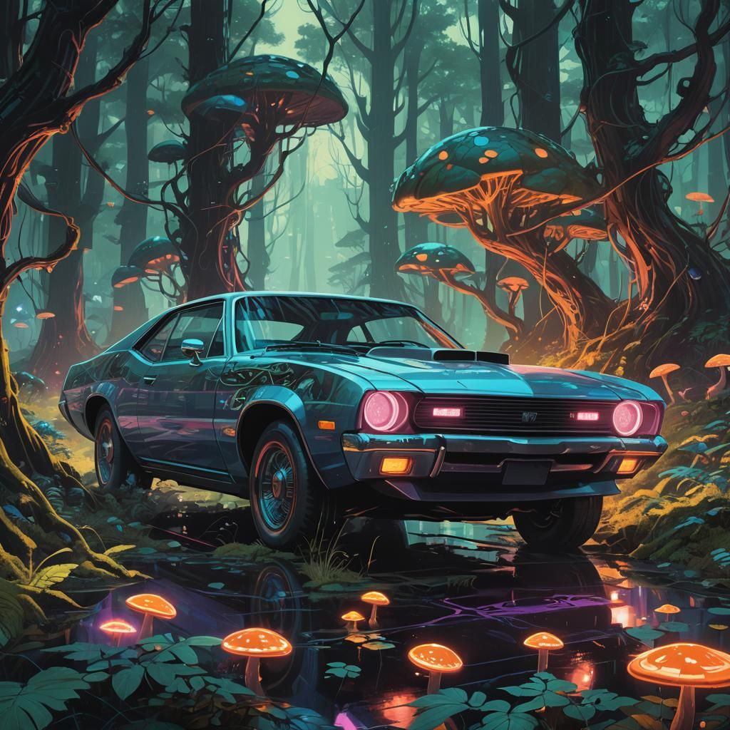 Sleek Car in Mystical Forest Concept Art
