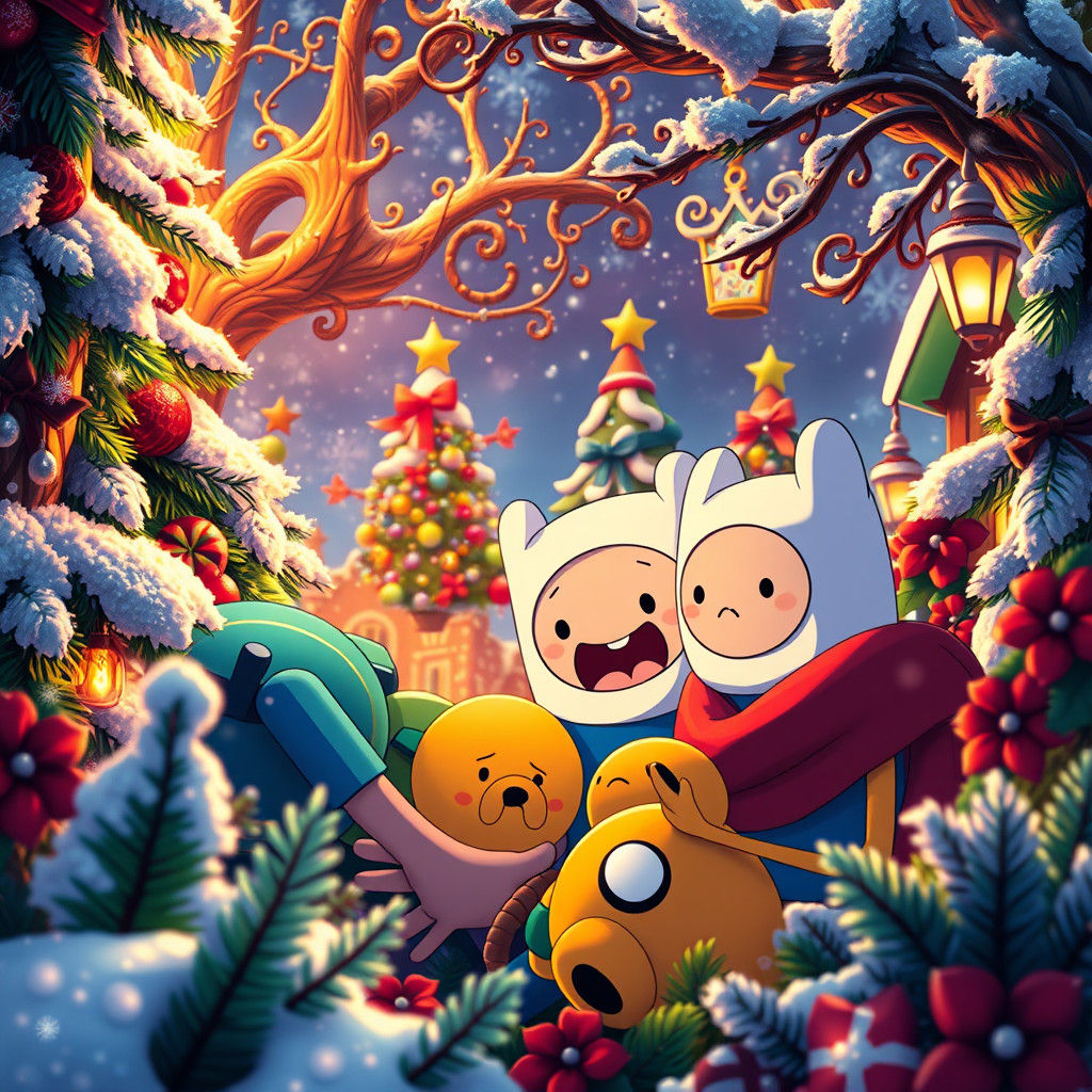 Adventure Time Christmas Scene in Hyperrealistic Style