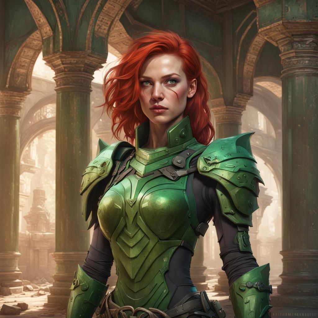 Mantis Armored Woman in Abandoned Temple, Fantasy Art
