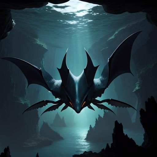 Underwater Manta Ray and Crab Cave Scene