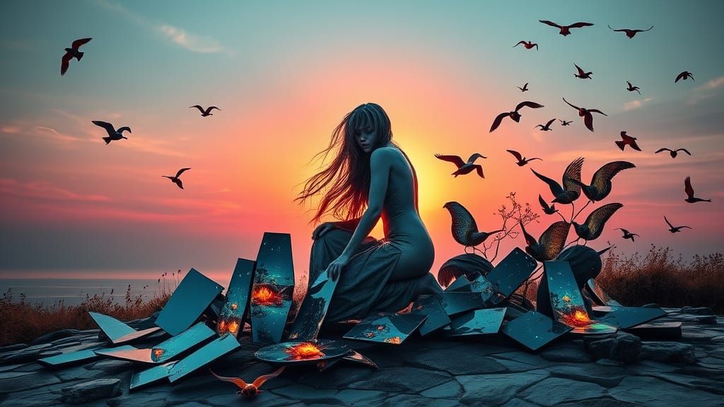 Surreal Sculpture of Woman Kneeling at Sunset