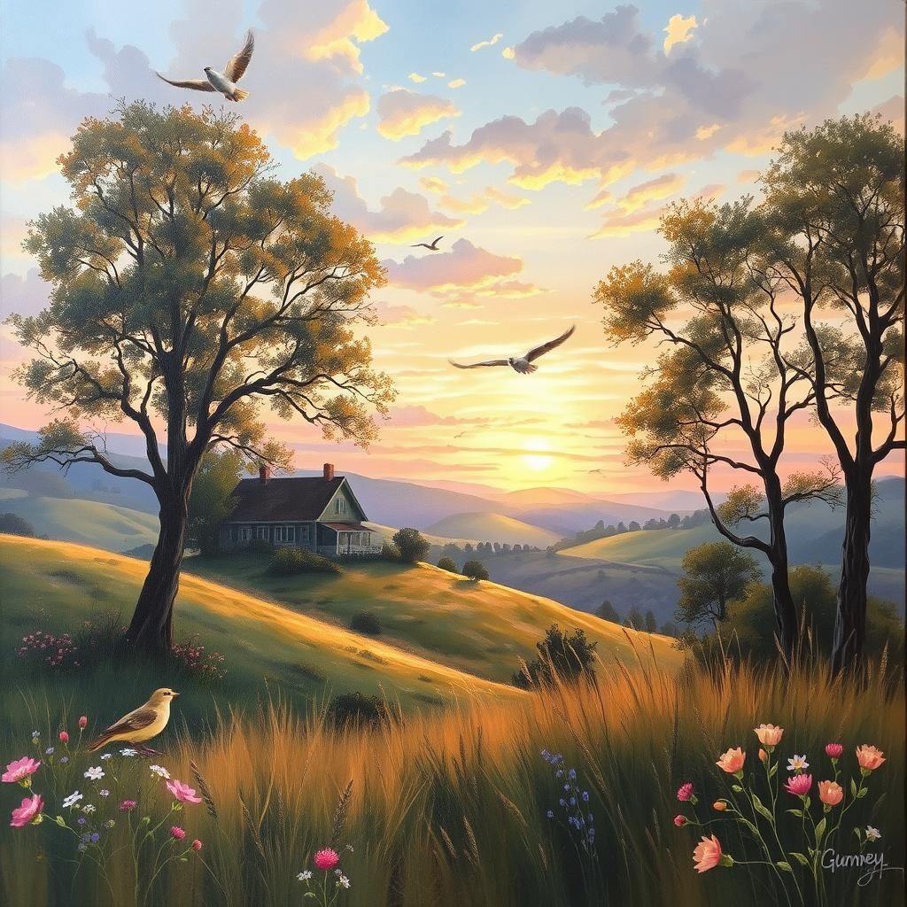 Farmhouse Landscape Oil Painting at Sunset