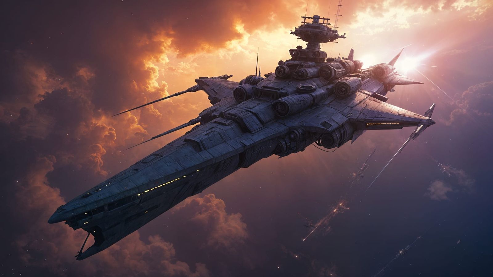 Cyberpunk Space Battleship in Dark Fantasy Concept Art Style