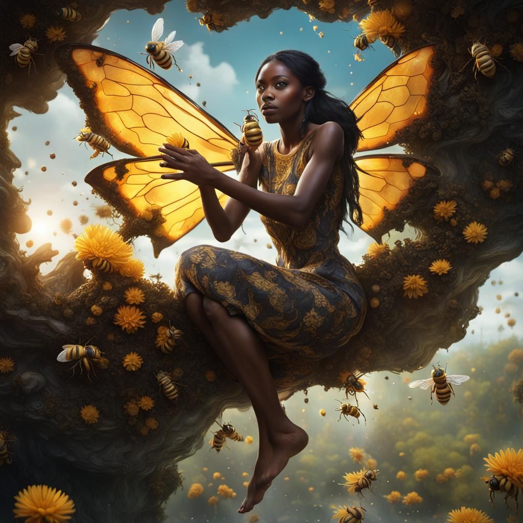 Woman Surrounded by Bees in Detailed Matte Painting