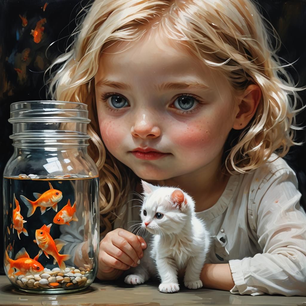 Girl and Kitten Stare at Goldfish, Oil Painting Style