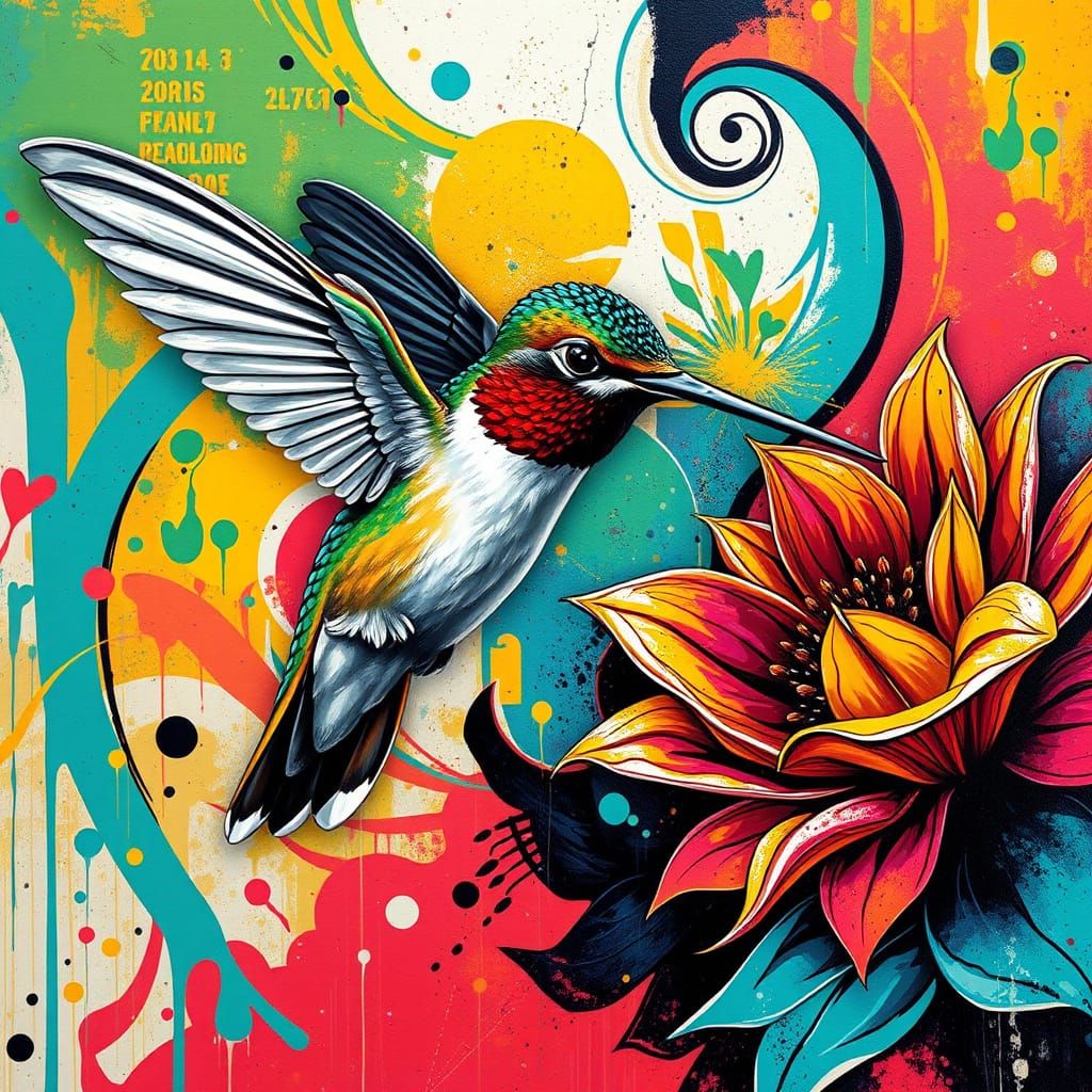 Hyper-Realistic Hummingbird in Vibrant Graffiti Cityscape