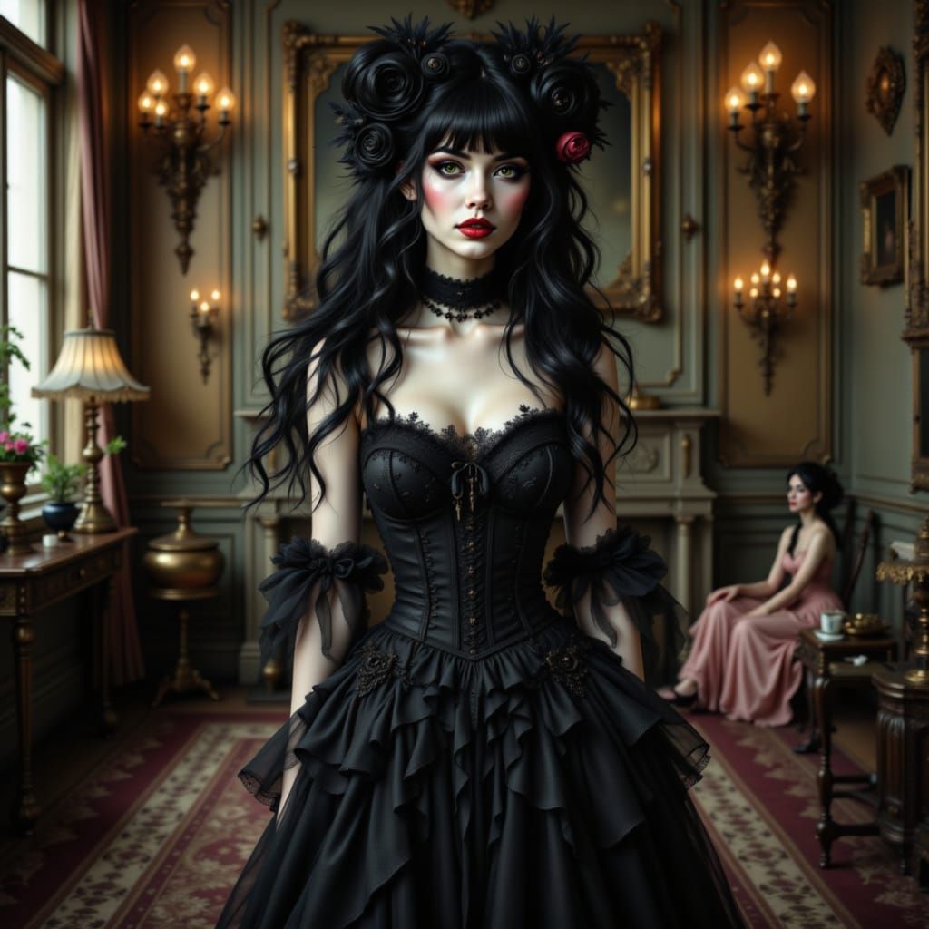 Gothic Lady at Occult Witch Party in Pop Surrealism