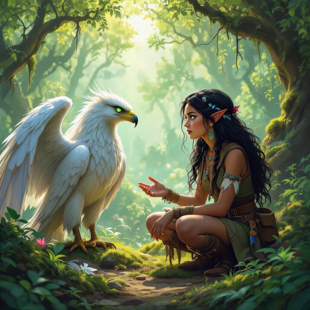 Girl and Griffin in Ancient Forest Fantasy Art